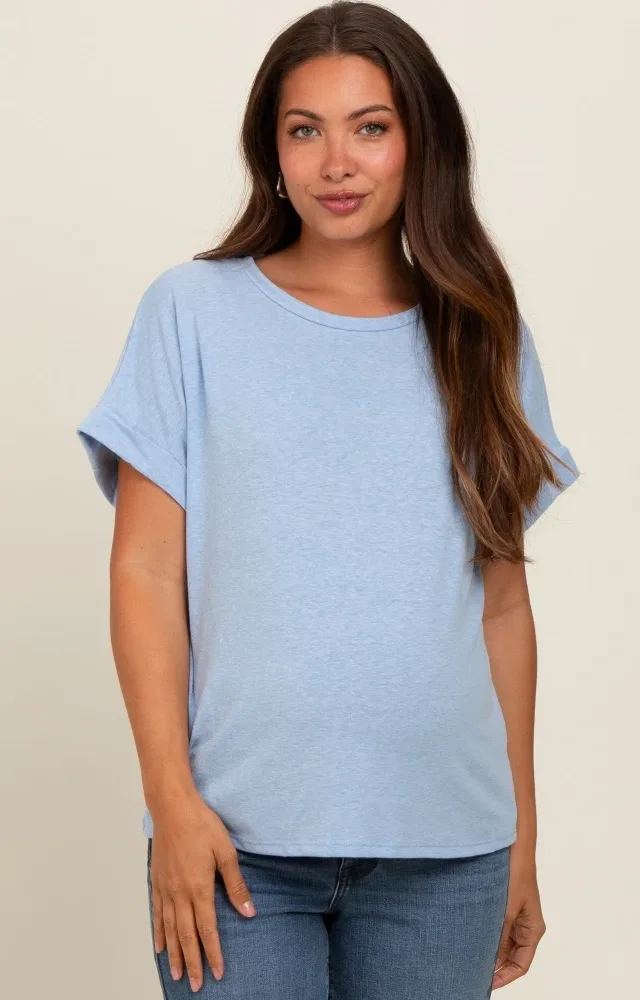 Blue Cuff Short Sleeve Maternity Top