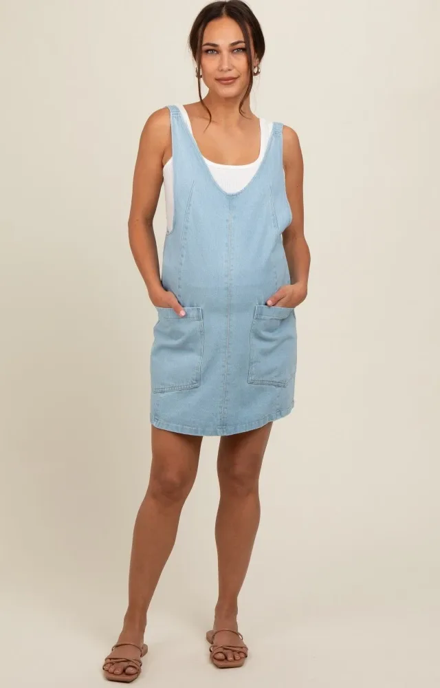 Blue Denim Side Pocket Overall Maternity Dress