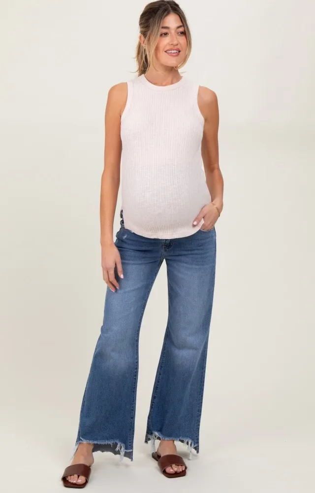 Blue Distressed Fringe Hi-Lo Hem Cropped Flare Maternity Jeans