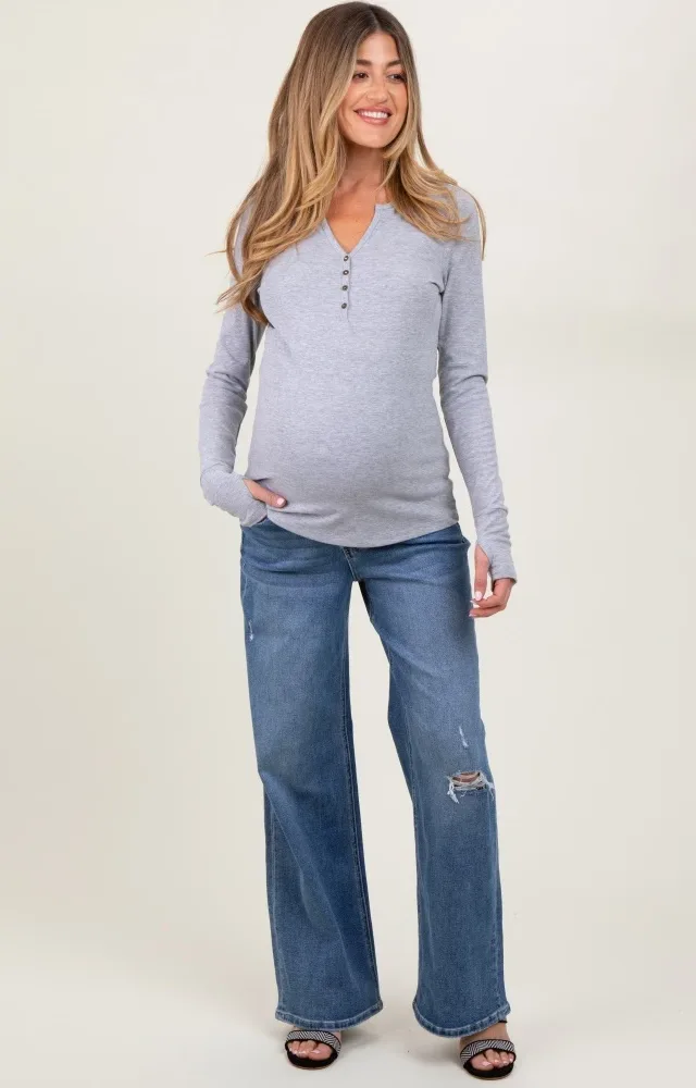 Blue Distressed Open Knee Wide Leg Maternity Jeans