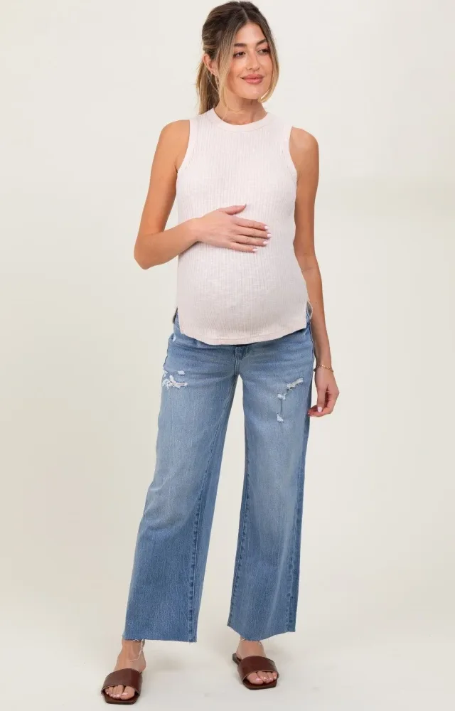 Blue Distressed Raw Hem Cropped Wide Leg Maternity Jeans