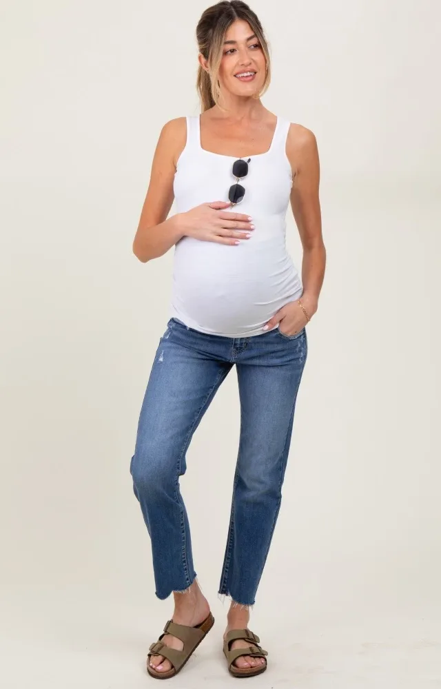 Blue Distressed Raw Hem Slim Straight Maternity Jeans