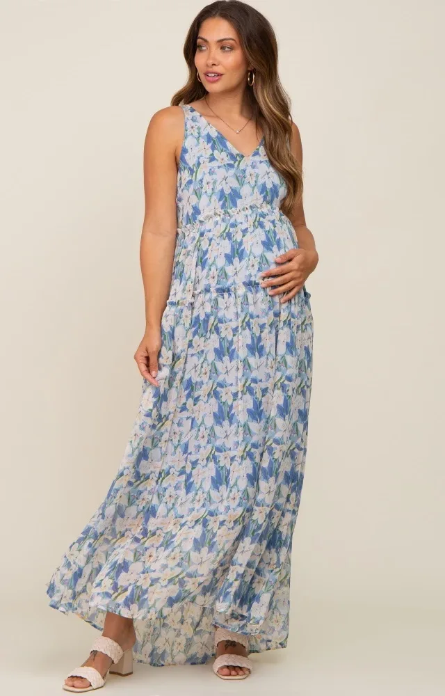 Blue Floral Chiffon Sleeveless Maternity Maxi Dress