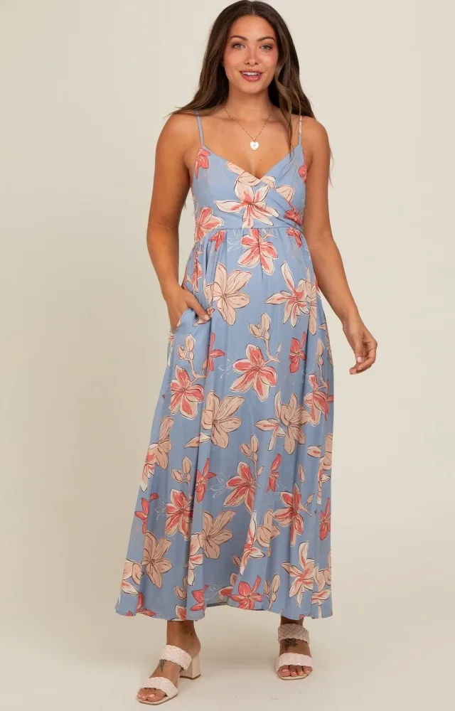 Blue Floral Crossover Neckline Maternity Maxi Dress