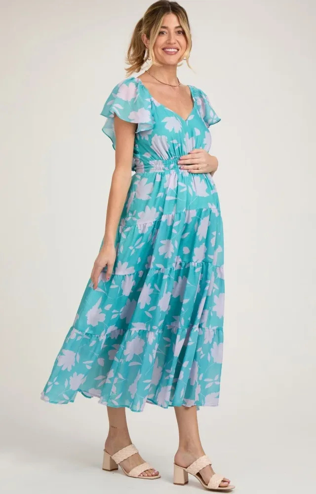 Blue Floral Flutter Sleeve Tiered Maternity Maxi Dress