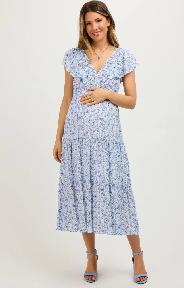 Blue Floral Front Ruched Ruffle Shoulder Tiered Maternity Midi Dress