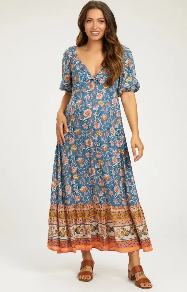 Blue Floral Front Twist Maternity Midi Dress