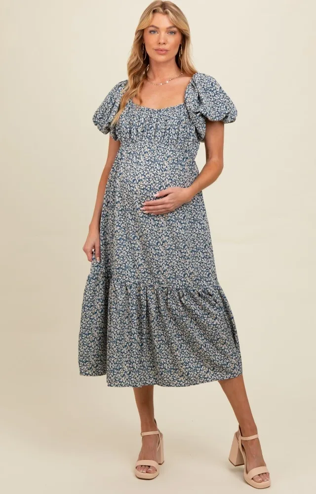 Blue Floral Puffed Sleeve Maternity Midi Dress