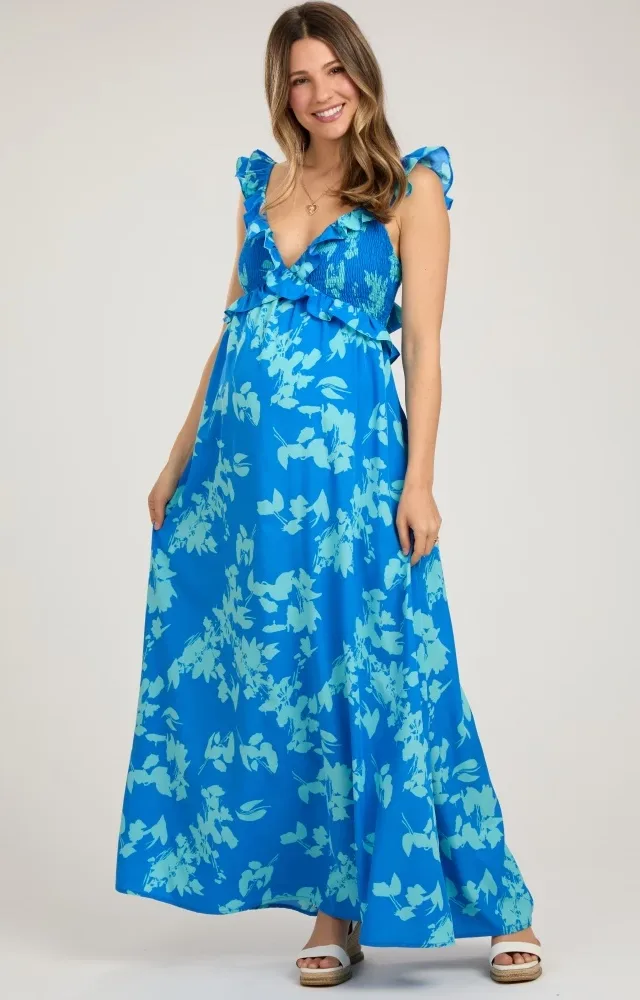 Blue Floral Ruffle V-Neck Back Cutout Maternity Maxi Dress