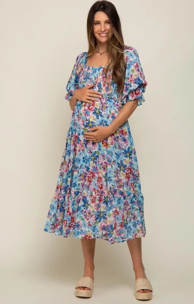 Blue Floral Shimmer Chiffon Ruffle Square Neck Smocked Maternity Midi Dress