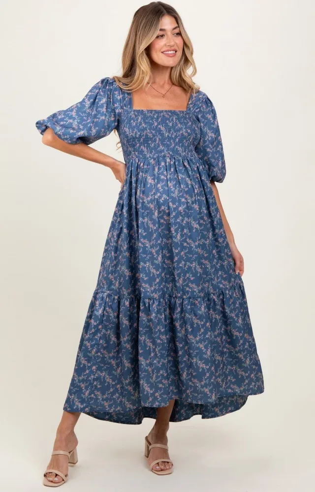 Blue Floral Smocked Hi-Low Puff Sleeve Maternity Maxi Dress