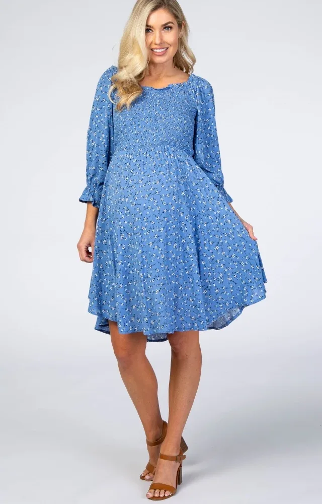 Blue Floral Smocked Maternity Dress