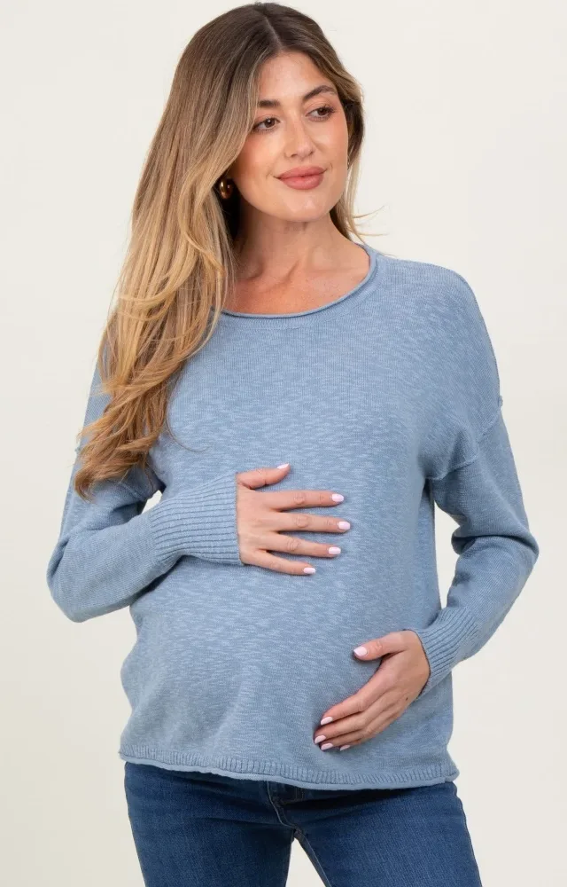 Blue Heather Unfinished Hem Maternity Sweater