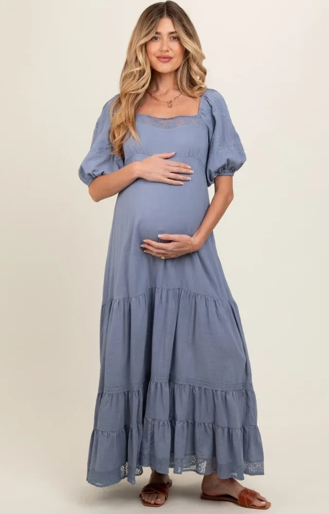 Blue Lace Insert Maternity Maxi Dress