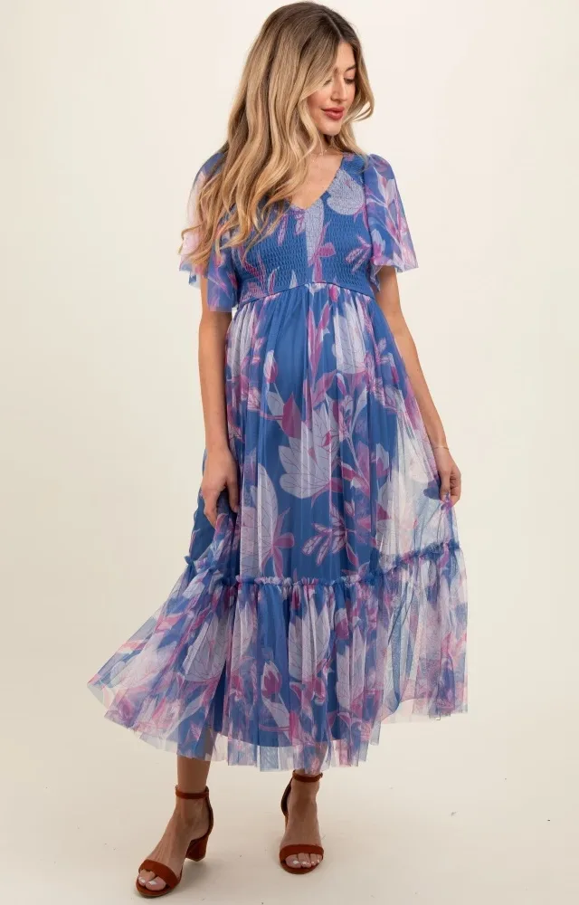 Blue Leaf Print Mesh Smocked Maternity Midi Dress