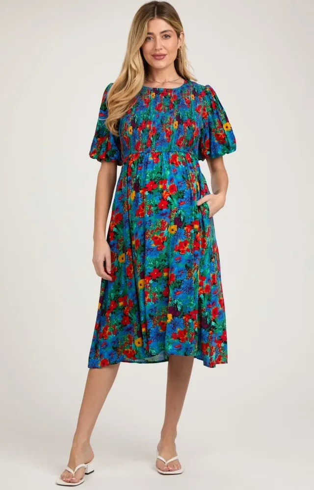 Blue Multi-Color Floral Smocked Puff Sleeve Maternity Dress