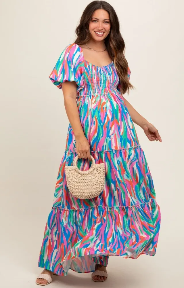 Blue Multi Color Print Puff Sleeve Maternity Maxi Dress