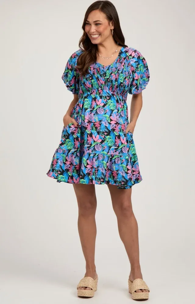 Blue Multi-Color Tropical Print Ruffle Hem Maternity Dress