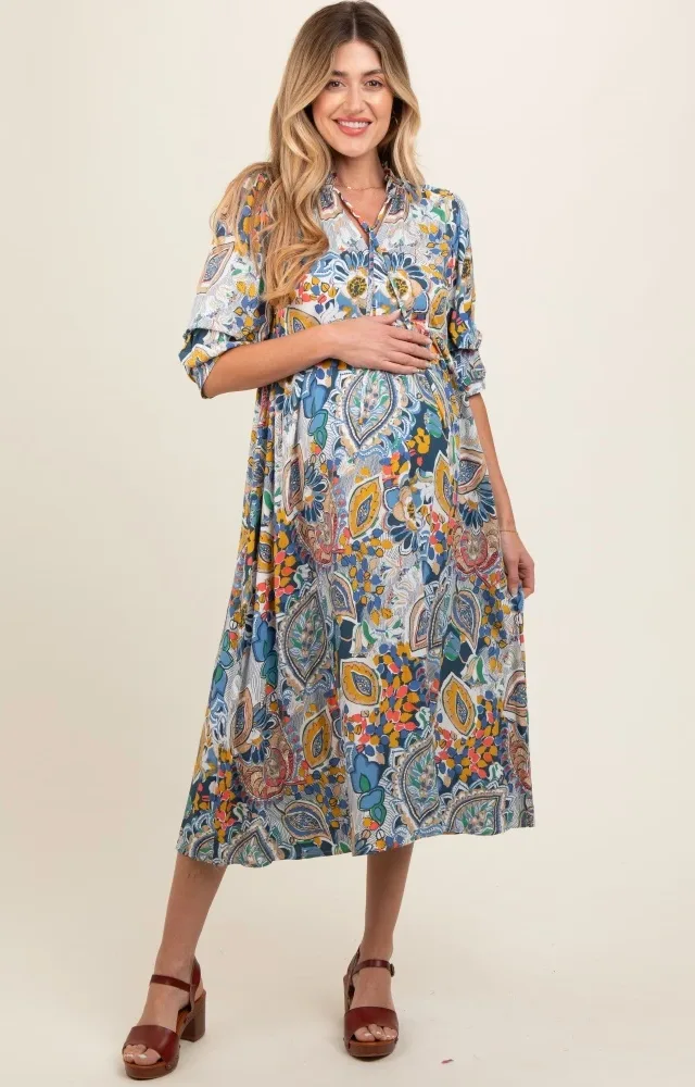 Blue Paisley Print Tiered A-Line Maternity Midi Dress