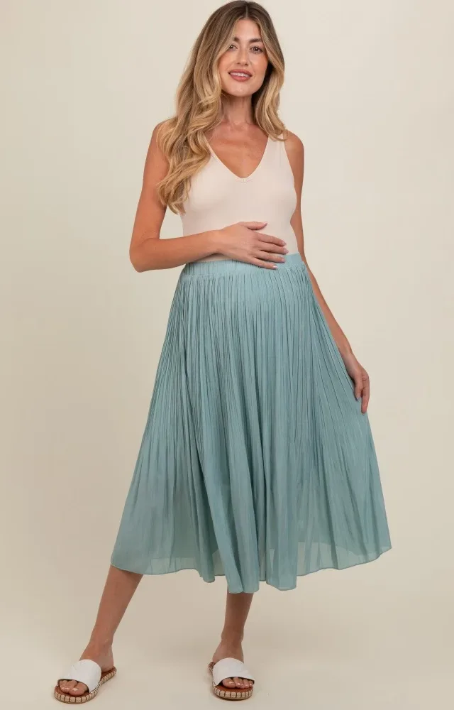 Blue Pleated Maternity Midi Skirt