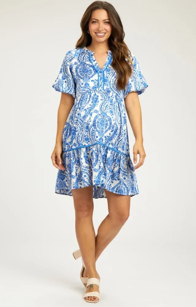 Blue Print Satin Puff Sleeve Maternity Dress