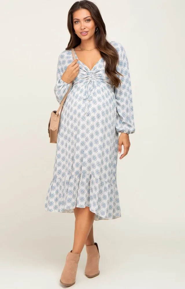 Blue Printed Cinched Maternity Midi Dress