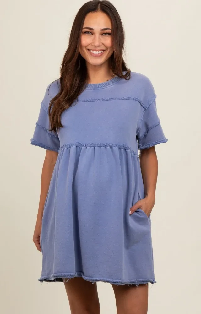 Blue Raw Hem Maternity Short Sleeve Dress