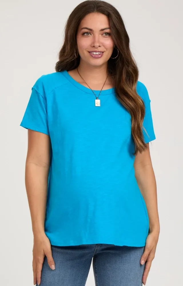 Blue Raw Hem Maternity Short Sleeve Top