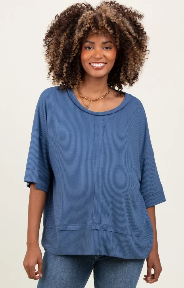 Blue Ribbed Boxy Fit Short Sleeve Maternity Top