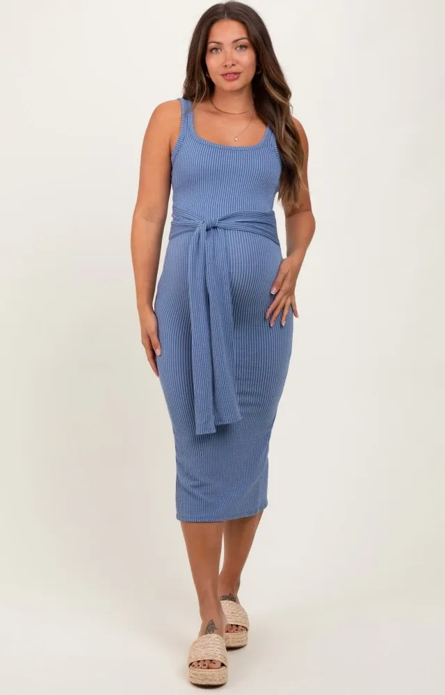 Blue Ribbed Front Tie Sleeveless Maternity Midi Dress