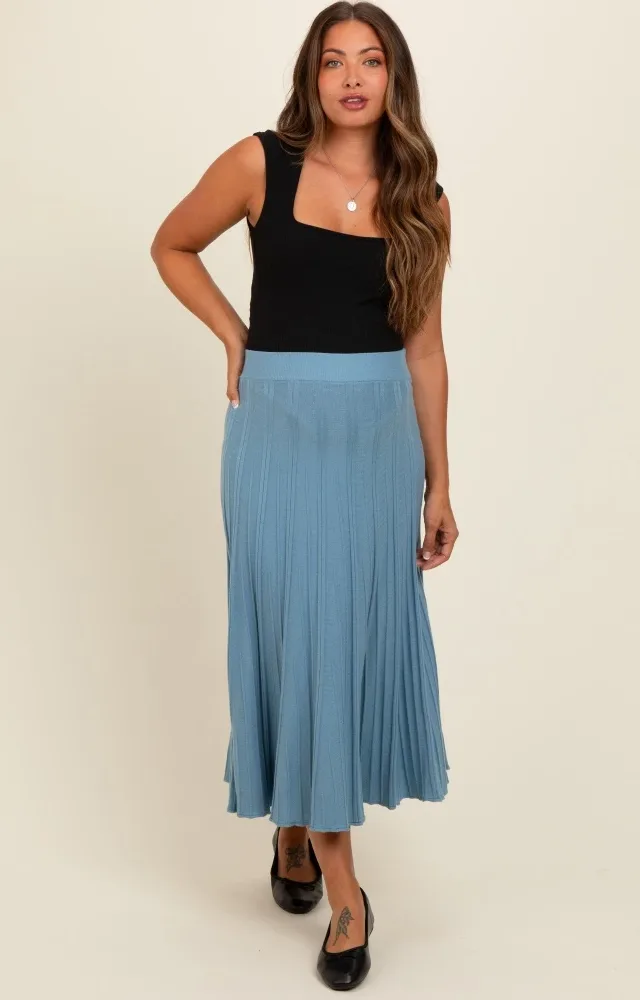 Blue Ribbed Knit A-Line Midi Maternity Skirt