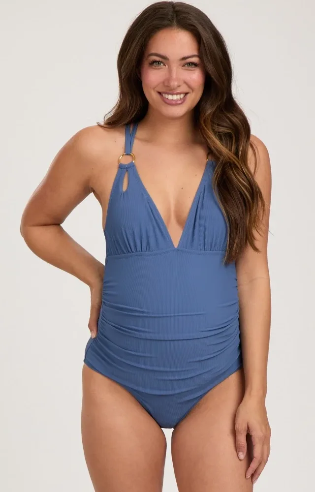 Blue Ribbed V-Neck Ruched Criss Cross Low Back Maternity One Piece Swimsuit