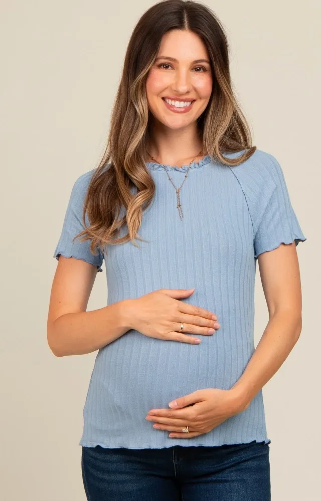 Blue Ruffle Trim Ribbed Maternity Top