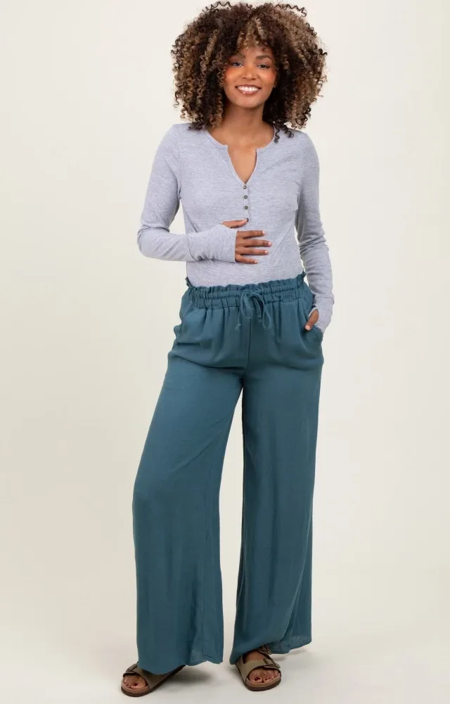 Blue Ruffled Drawstring Waist Wide Leg Maternity Pants