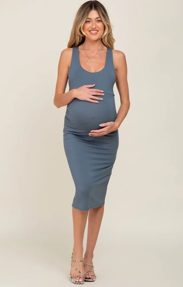 Blue Sleeveless Fitted Ruched Maternity Dress