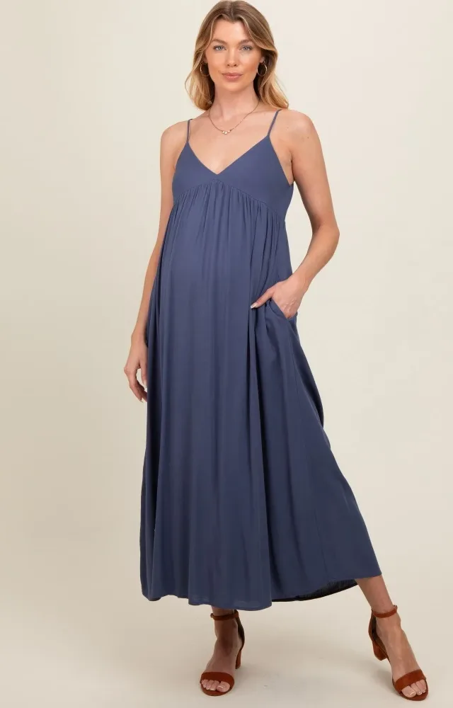 Blue Sleeveless V-Neck Maternity Midi Dress