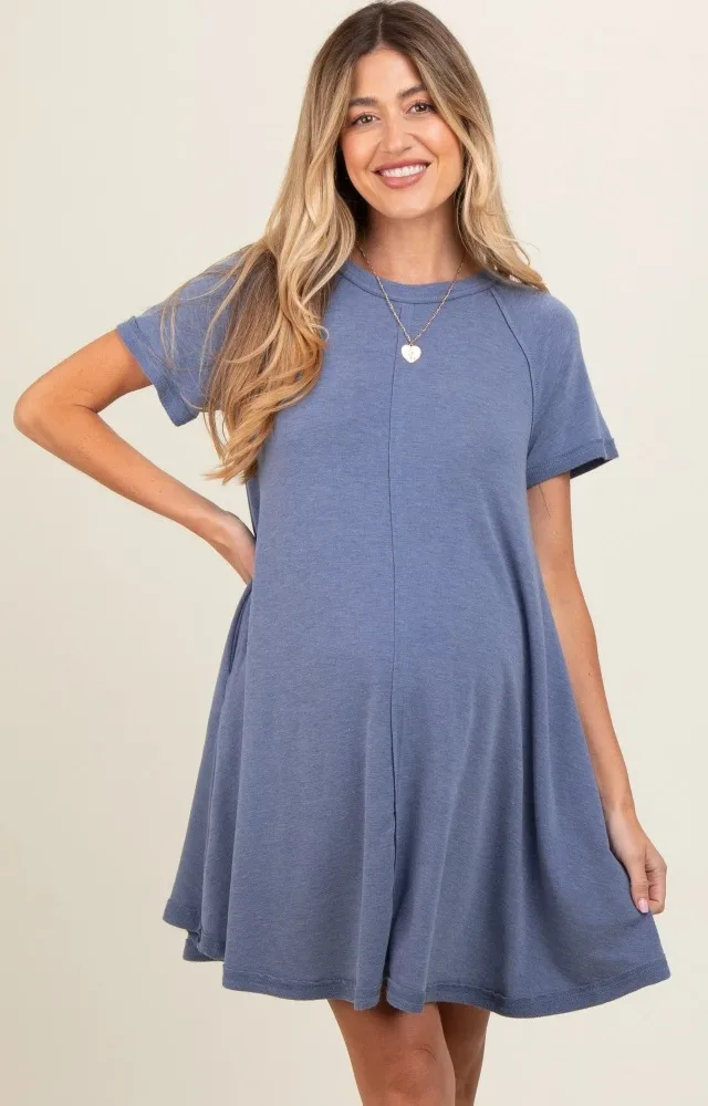 Blue Solid T-Shirt Maternity Mini Dress