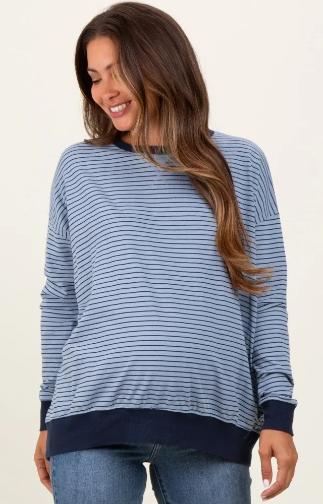 Blue Striped Oversized Crewneck Maternity Pullover