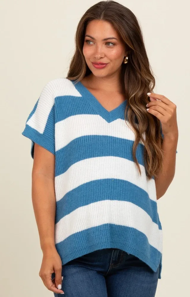 Blue Striped V-Neck Maternity Sweater Top