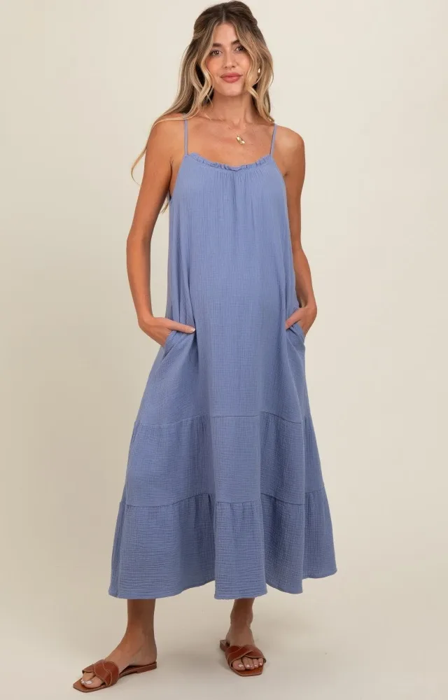 Blue Tiered Hem Maternity Midi Dress