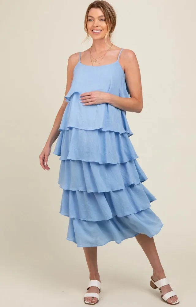 Blue Tiered Maternity Midi Dress