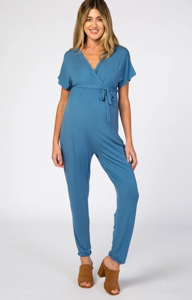 Blue Wrap Tie Maternity Jumpsuit