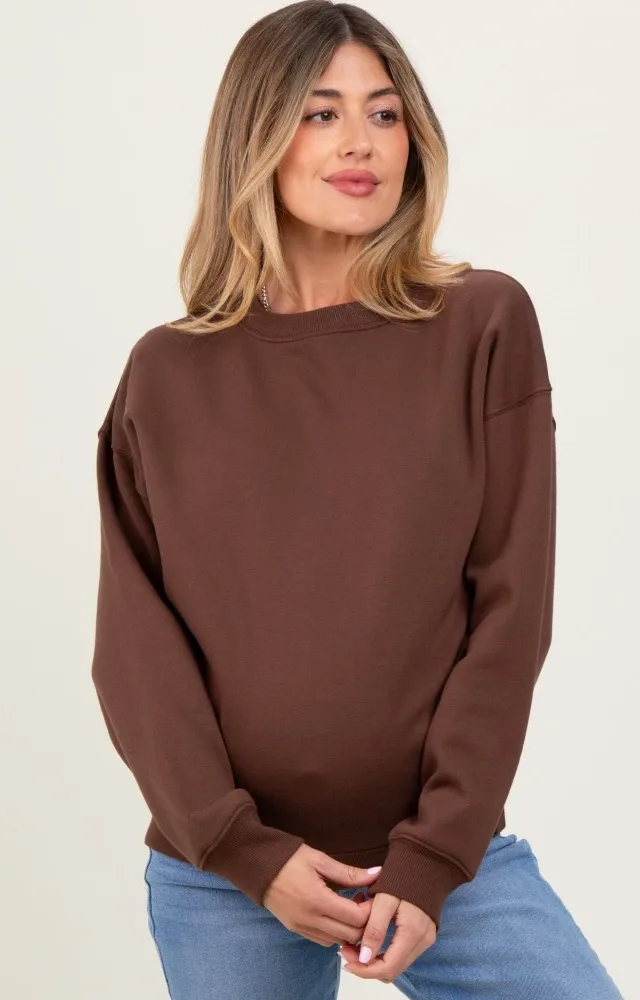 Brown Basic Fleece Crewneck Maternity Sweatshirt