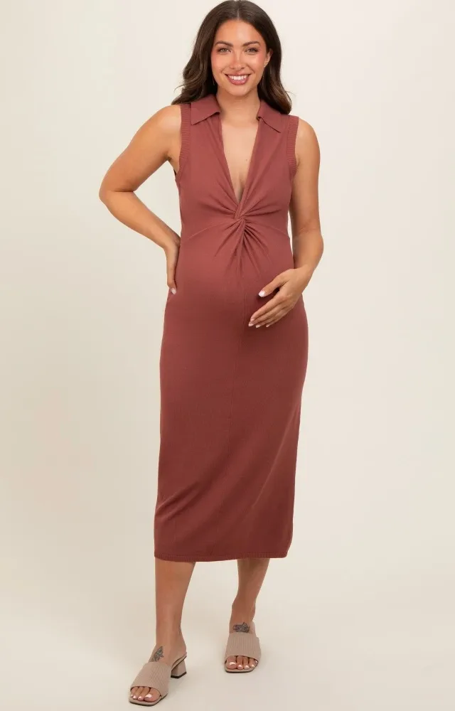 Brown Collared Sleeveless Twist Knit Maternity Midi Dress