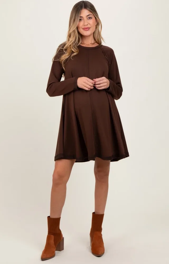 Brown Crew Neck Flared Fit Long Sleeve Maternity Mini Dress