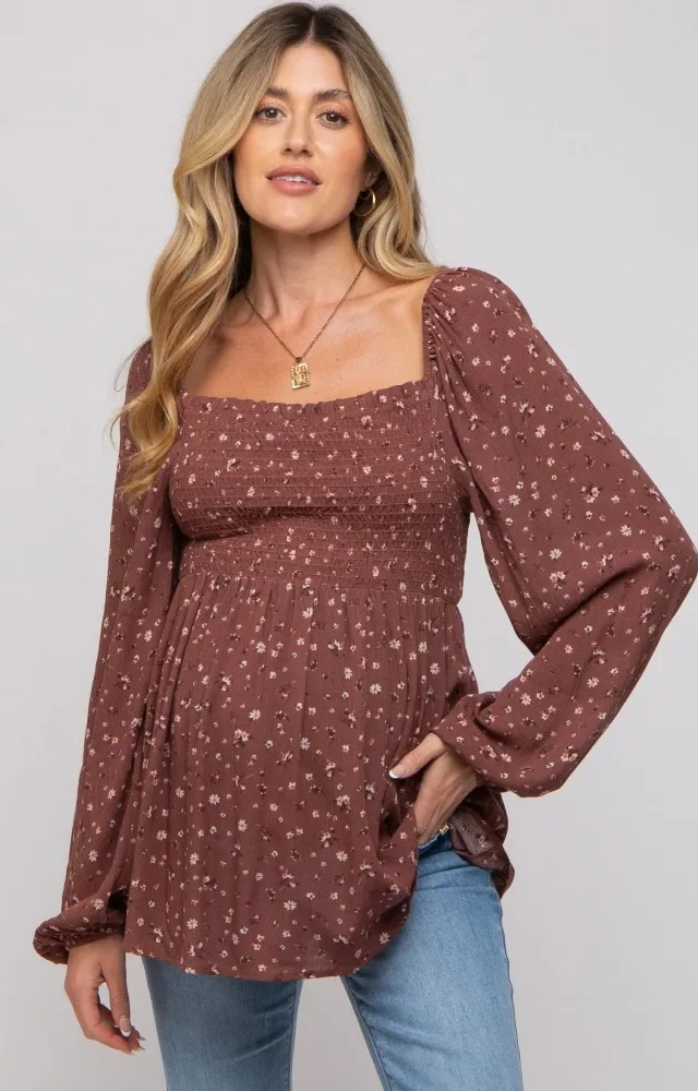 Brown Floral Smocked Long Sleeve Maternity Top