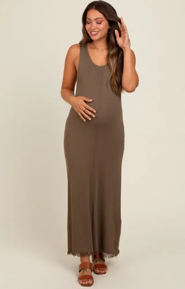 Brown Fringe Hem Maternity Midi Dress