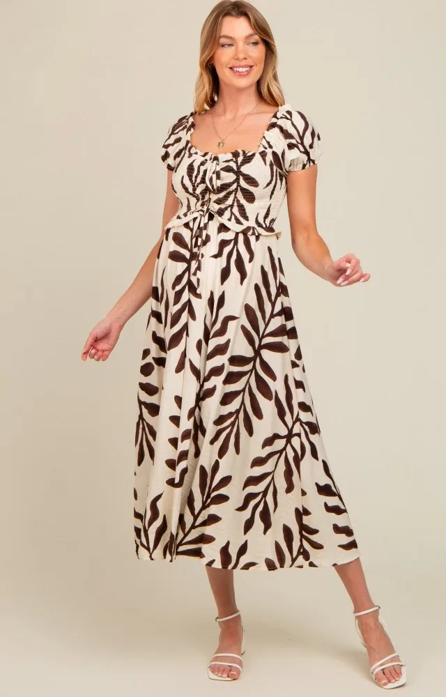 Brown Leaf Print Off Shoulder Smocked Maternity Midi Dress