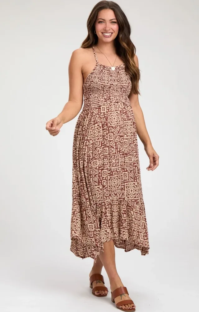 Brown Print Smocked Sleeveless Maternity Midi Dress