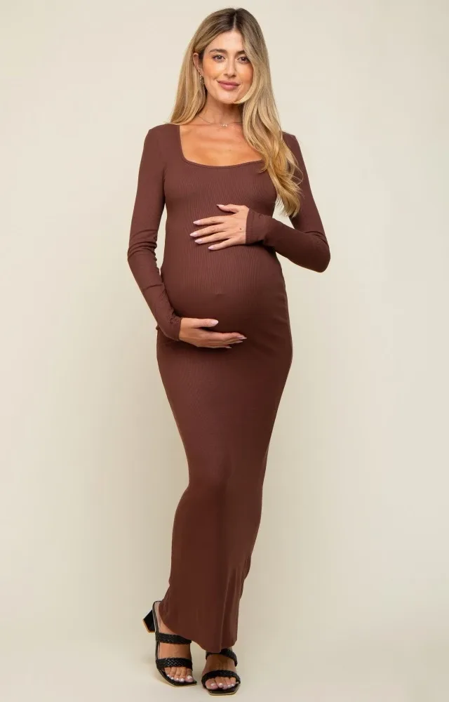 Brown Ribbed Long Sleeve Square Neck Maternity Maxi Dress